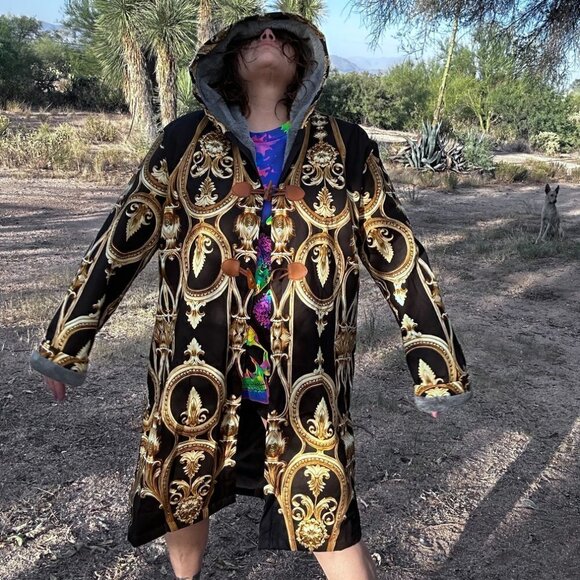 Baroque Cotton Jacket Gold Black Hooded Size XL Rococo Couture Versailles Coat - Picture 6 of 10